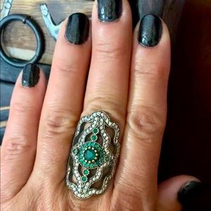 Long Emerald Topaz Silver Antique Style Ring Size 8